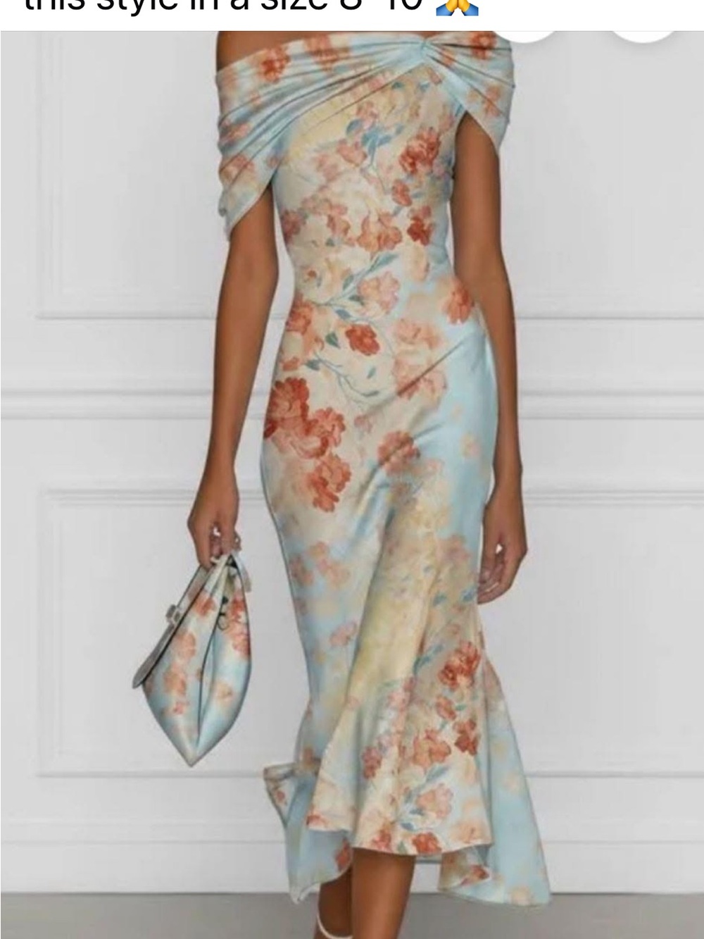 Off-Shoulder Floral Satin Midi Dress in Light Blue and Coral